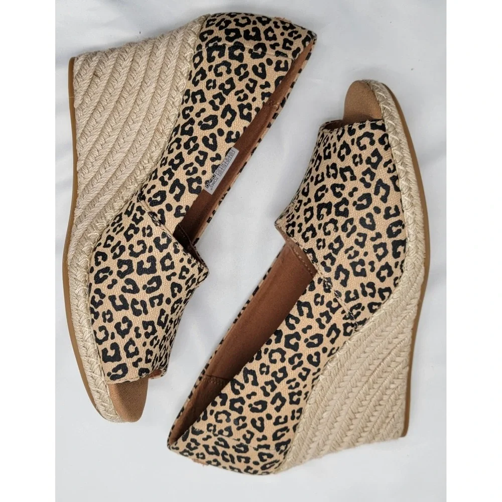 TOMS Michelle Espadrille Wedge Sandals Cheetah Print Women's Peep Toe Slip-On